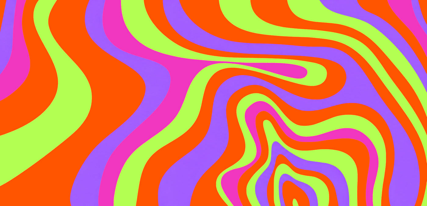 A vibrant abstract pattern of wavy, psychedelic stripes in neon orange, lime green, magenta pink, and purple.