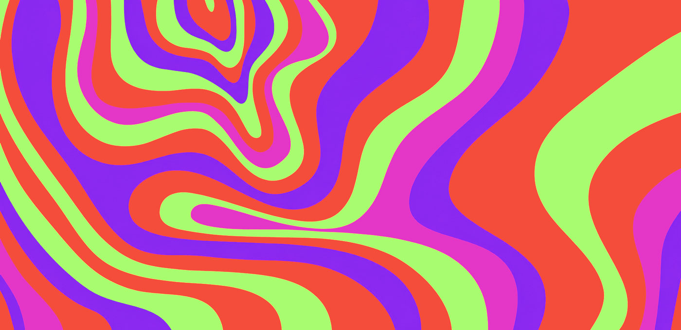 A vibrant, psychedelic abstract pattern of wavy, flowing contour lines in neon red, lime green, purple, magenta, and orange.