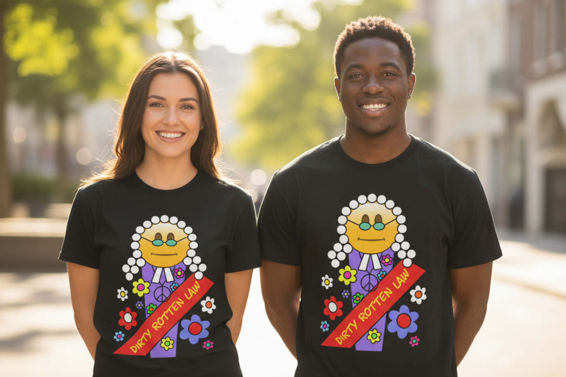 Two smiling people standing outdoors wearing matching black T-shirts with a colorful graphic of a smiling face surrounded by flowers and a red banner that reads 'DIRTY ROTTEN LAW'.