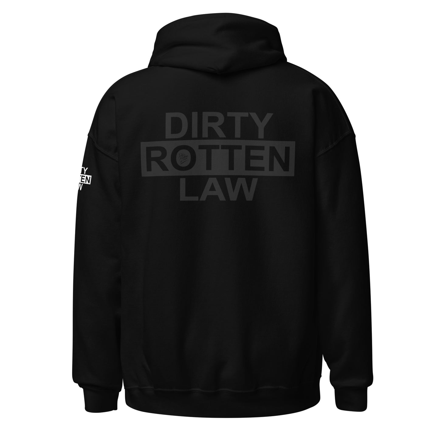 Black hoodie with white designs on sleeves against a white background